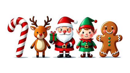 Fototapeta premium Cheerful Christmas Characters a Festive Collection of Santa Reindeer Elf and Gingerbread Man Illustrations for Holiday Cheer and Seasonal Greetings