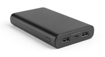 A sleek black portable power bank with multiple USB-A USB-C and Micro-USB charging ports along with LED battery indicators rests on a white surface