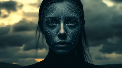 Facial Recognition Technology Analyzes a Woman's Face with an Advanced Mapping System. 4k video
