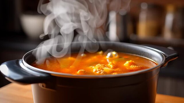 Budget friendly meal cook home kitchen warm tomato soup simmering with steam rising from pot savory dinner comfort food with meatball simmering pot inviting family stew vegetable broth simmering