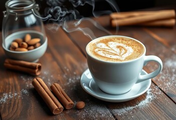 Steaming almond milk cappuccino, cinnamon dusting, rustic wood table, food styling, photography