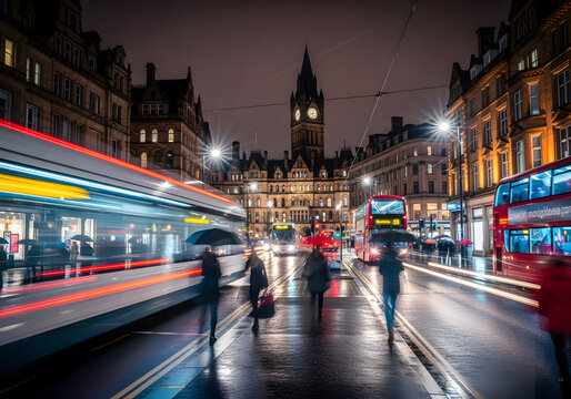 Uk england manchester long exposure of city street at night