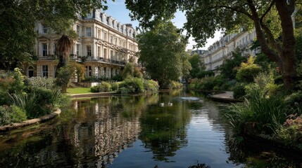 Obraz premium Serene urban landscape featuring a reflective pond and classic architecture