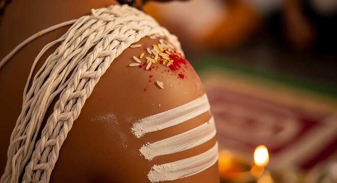 Ornate Hindu Sacred Thread Janeu with Vibhuti Sacred Ash on Priest&rsquo;s Shoulder During Ritual