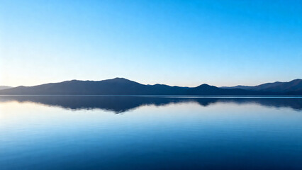 Calm lake reflecting distant mountains under a clear blue sky