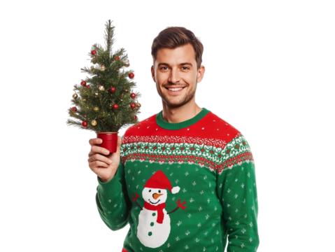 Man holding a small Christmas tree isolated on transparent or white background, png - Powered by Adobe