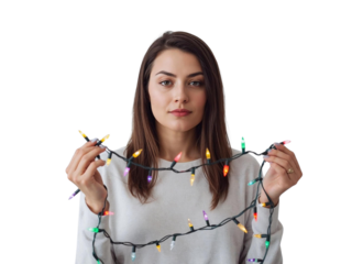A woman unravels a garland of lights isolated on transparent or white background, png