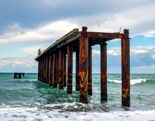 Rusty pier on stormy sea
