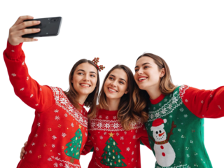 Three girls in Christmas sweaters taking a selfie isolated on transparent or white background, png