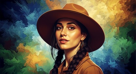 Portrait of Woman in Brown Hat with Colorful Abstract Background