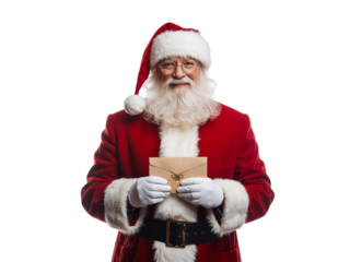 Santa Claus holding a letter in his hands isolated on transparent or white background, png