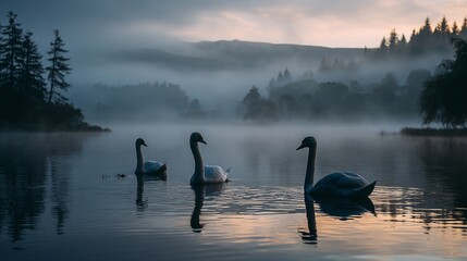 Three swans are swimming in a lake