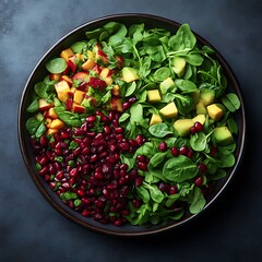 Colorful salad on dark plate.  Fresh ingredients arranged in sections