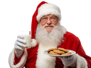 Santa Claus holding a plate of cookies and a glass of milk isolated on transparent or white background, png