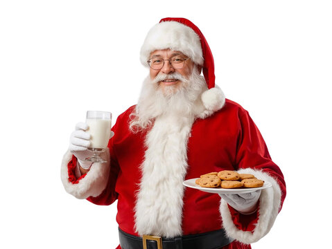 Santa Claus holding cookies and milk isolated on transparent or white background, png - Powered by Adobe