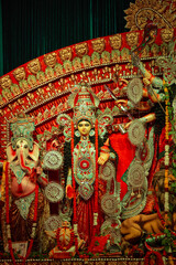 Subho mahalaya, An handmade idol of Goddess Durga decorated in colorful Pandal. 