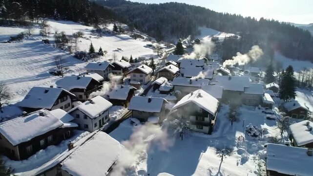 Aerial View of a Snowy Village Nestled in a Mountain Valley During a Winter Day