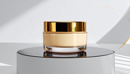 Luxury Beige Cosmetic Cream Jar with Gold Lid on Reflective Surface