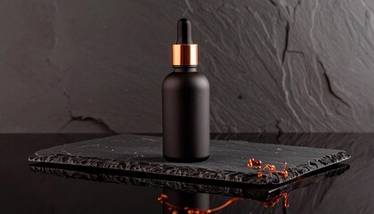 Black Glass Bottle with Copper Dropper on Dark Background
