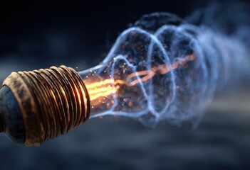 Close-up of a light bulb with an electric discharge, symbolizing energy and innovation.