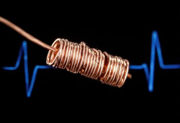 Coiled copper wire with blue waveform.