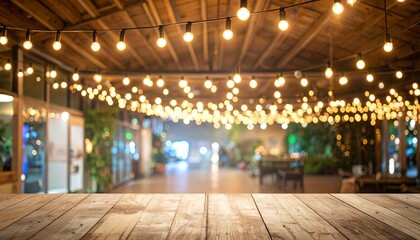 Warm Evening Lights and Wooden Tabletop
