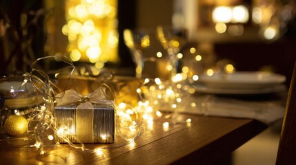 cheer. Festive holiday setup featuring sparkling lights and wrapped gifts on a wooden table, radiating warmth. public awareness campaigns.