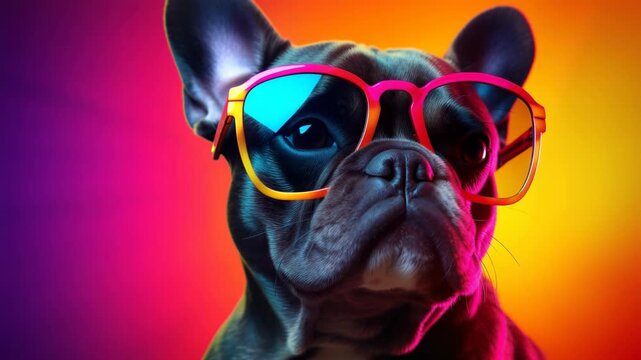 A vibrant, close-up video shot of a French Bulldog wearing colorful sunglasses, set against a neon gradient background, capturing a playful, stylish vibe. Live desktop wallpaper.