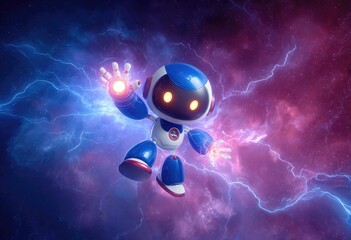 Cute Robot Superhero in Space.