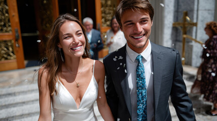 Joyful couple exits their wedding ceremony with radiant smiles, surrounded by friends and family throwing flower petals in an atmosphere of love and celebration.
