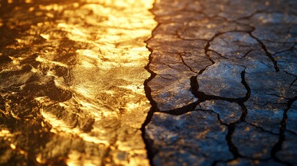 3D split environment, one side flowing with a golden river full of wealth, the other side dry, on blurred background