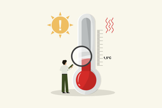 Climate Change Temperature Monitoring 1.5 Degrees. Thermometer showing 1.5&deg;C target. Paris target. Climate change concept. Global warming. Climate concept. Flat style. Vector illustration