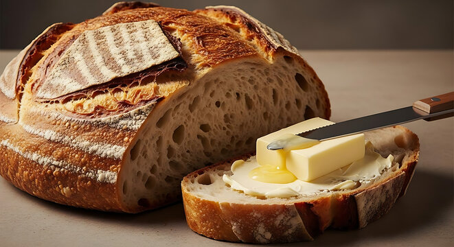 Freshly baked bread loaf with butter being spread on a slice with a knife on a wooden surface