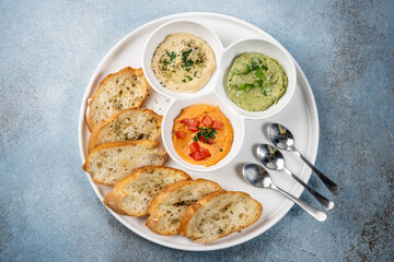 Assorted dips with toasted bread slices on white plate