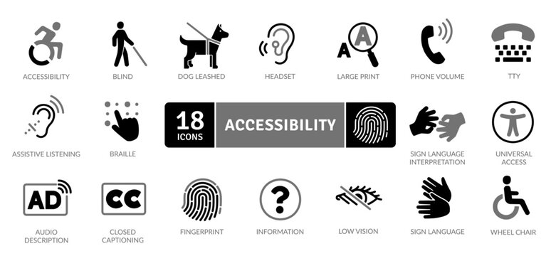 Accessibility Icons: Inclusive Design and disability Symbols. Includes signs for assistance technologies and inclusive design features.