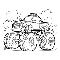 A black and white line drawing of a monster truck with oversized tires, set against a backdrop of mountains and clouds.