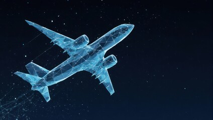Dazzling digital airplane soaring through starry night sky, representing modern travel and global connectivity.