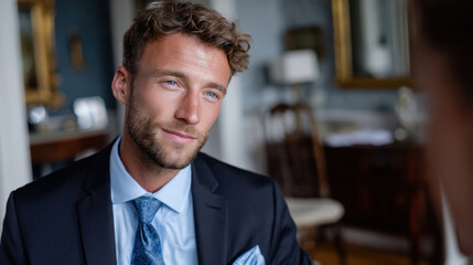 Obraz premium A thoughtfully dressed man in a suit engages in a serious conversation, reflecting professionalism and confidence in an upscale indoor environment filled with elegance.