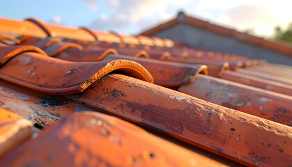 Close-up of weathered terracotta roof tiles under a cloudy sky, angled towards the horizon with soft lighting