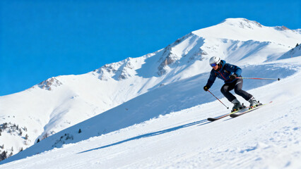 Skier descending a snowy mountain slope under clear blue sky