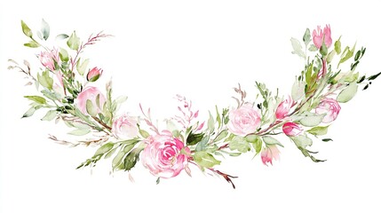 Fototapeta premium Delicate watercolor floral wreath featuring pink roses, softly illuminated with elegant composition.