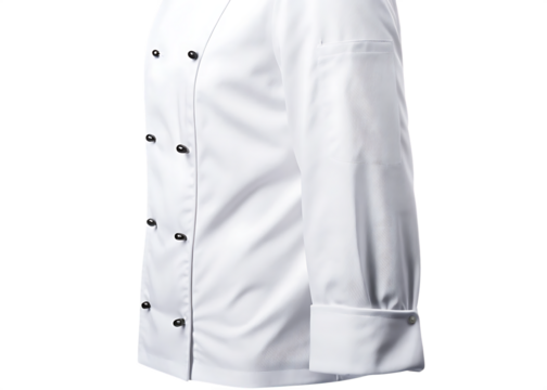 White Chef Jacket with Buttons and Folded Cuffs Keywords: chef jacket, white jacket isolated on a transparent background - Powered by Adobe
