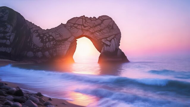 Stunning natural archway frames golden sunrise over serene ocean waves crashing on rocky shore, evoking tranquility and wonder