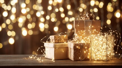 cheer. Festive holiday setup featuring sparkling lights and wrapped gifts on a wooden table, radiating warmth. public awareness campaigns.
