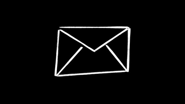 Animated Hand-Drawn Email Icon, White Scribble Envelope on Black Background. Doodle and Sketchy Style, Communication, Message, Mail, Contact, Information, Social Media, Internet