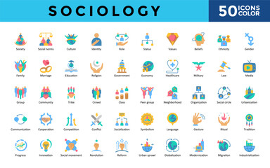 Sociology icons set with society, social norms, culture, identity, role, status, values, beliefs, ethnicity, gender icon. Simple color vector illustration 
