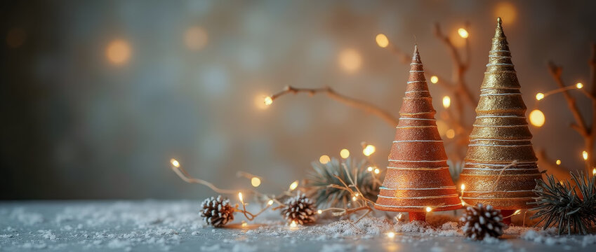 Christmas tree cones with decoration in a snow-covered scene
