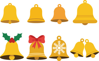 Golden Christmas Bells with Snowflake Holly and Red Bow Decorations Keywords: christmas, bell, golden, gold, snowflake, holly, red