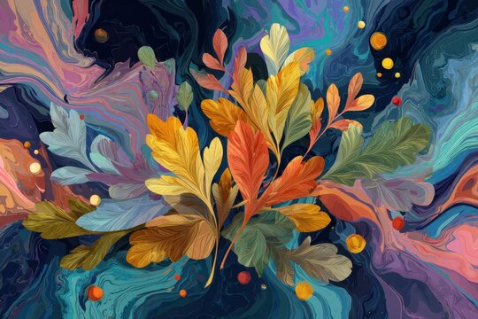 A vibrant arrangement of colorful leaves, set against a dynamic backdrop of swirling marbled hues, creates a captivating and artistic design.