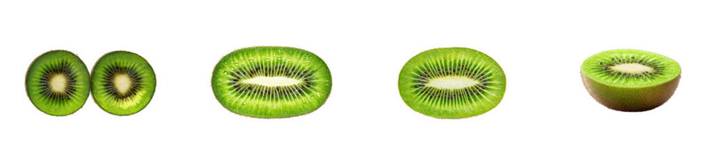 Sliced kiwi fruit halves showing vibrant green flesh and black seeds, cut out transparent